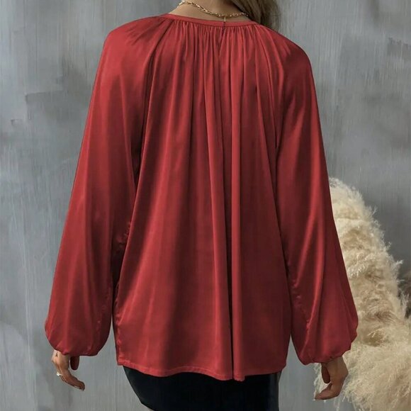 Red Casual Women's Lantern Sleeve Elegant Tie-Front Pleated Blouse - Picture 5 of 5